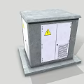 Industrial Metal Enclosure With Grey Double Doors Yellow Warning Sign Ventilation Louvers And Concrete Base
