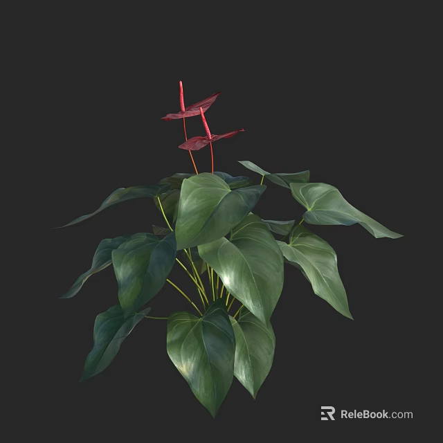 Vase with Red Anthurium Flowers and Vibrant Green Leaves Decorative Arrangement 3d model 
