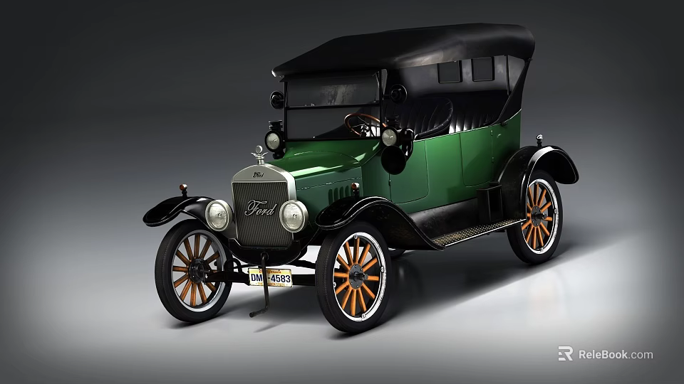 Vintage Green Ford Car With Black Top And Orange Spoked Wheels 3d model 