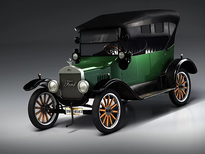 Vintage Green Ford Car With Black Top And Orange Spoked Wheels 3d model