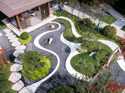 Courtyard Garden Design With Winding Paths Stone Stepping Stones Circular Ornaments And Lush Greenery 3d model
