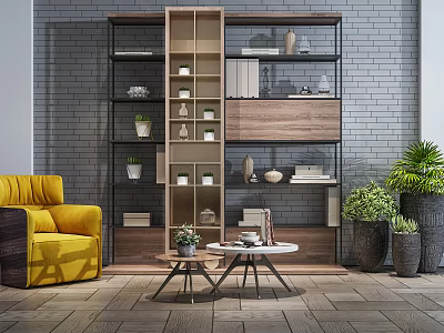 Modern Bookshelf Design with Gray Brick Wall Yellow Sofa and Potted Plants 3d model