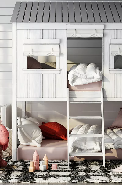 White Bunk Bed in Cozy Kids Bedroom with Plush Toy Wall Art and Pillows 3d model