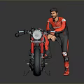 Vintage Black Motorcycle With Person In Red And Black Outfit Mounting Classic Headlight And Large Tire