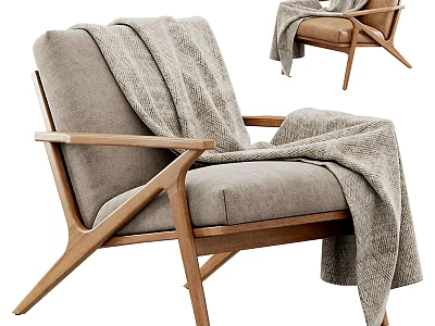 Modern Single Sofa with Wooden Frame and Cozy Blanket in Neutral Fabric Upholstery 3d model