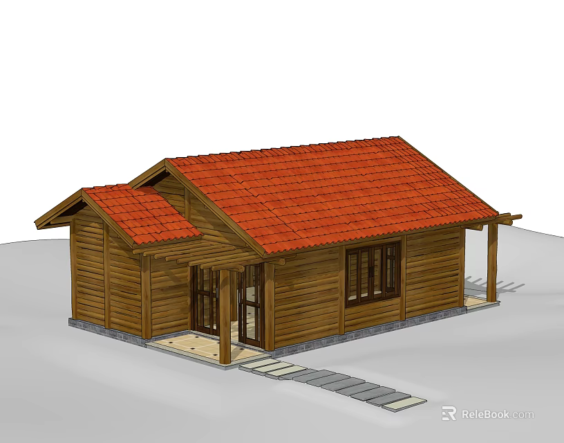 Wooden House Structure With Red Tile Roof Porch And Front Steps Design 3d model 