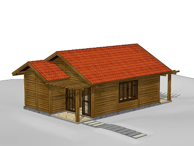 Wooden House Structure With Red Tile Roof Porch And Front Steps Design 3d model