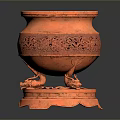 Red Decorative Vessel With Intricate Carved Patterns And Animal Shaped Feet On Base
