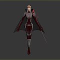 Game Movie Character With Red Hair Black Cape Futuristic Fitted Battle Suit Holding Sword