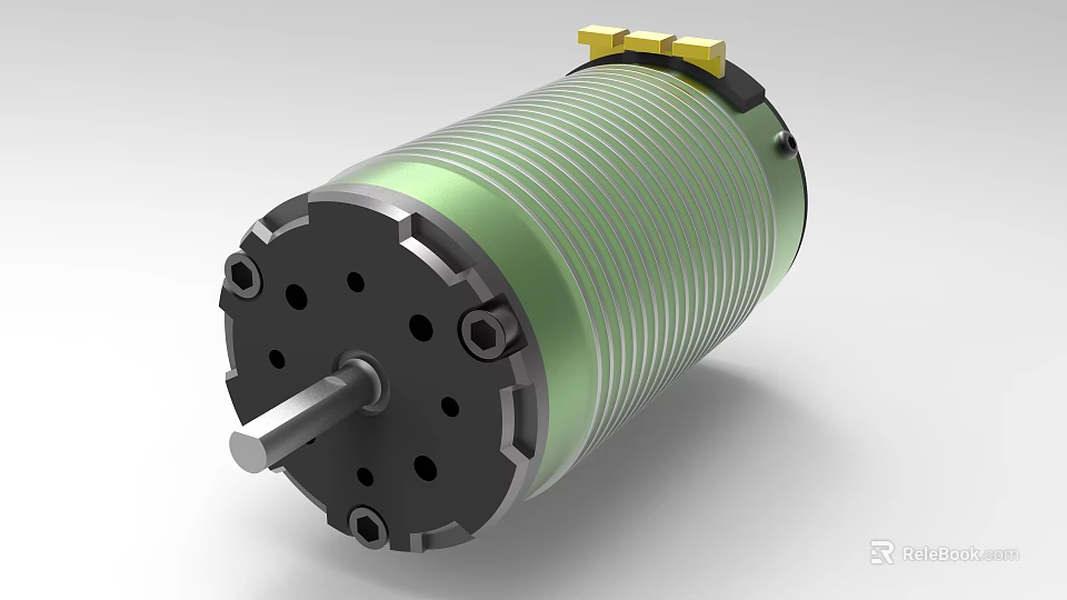 Green Cylindrical Motor With Black End Cap Metal Shaft And Yellow Components 3d model 