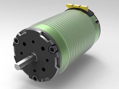 Green Cylindrical Motor With Black End Cap Metal Shaft And Yellow Components 3d model
