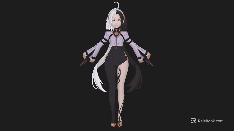 Anime Style Woman With White Black Long Hair Purple Top Black Split Pants Holding Daggers 3d model 