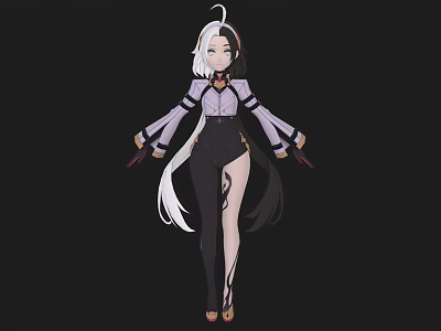 Anime Style Woman With White Black Long Hair Purple Top Black Split Pants Holding Daggers 3d model