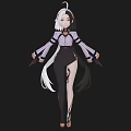 Anime Style Woman With White Black Long Hair Purple Top Black Split Pants Holding Daggers