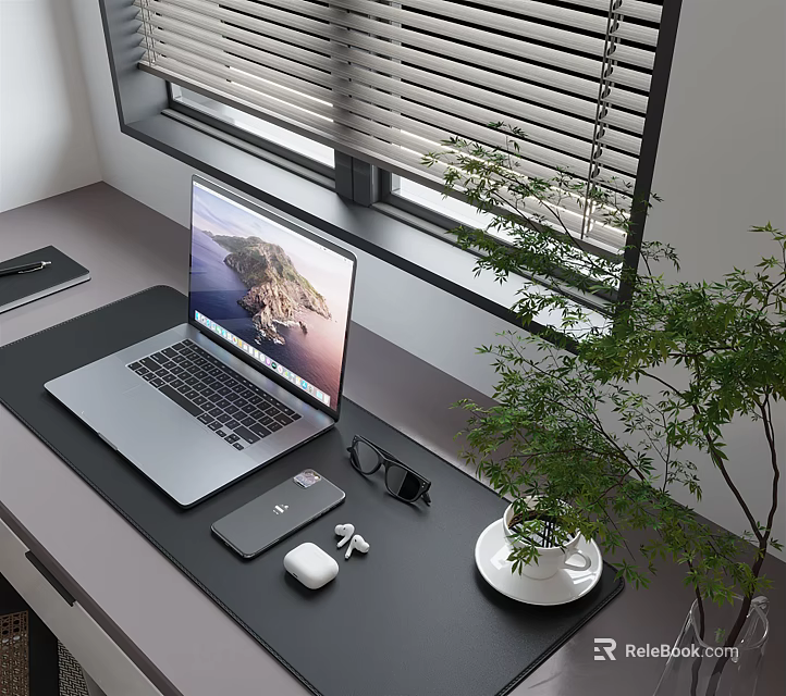 Stylish Decorative Ornament Combination on Office Desk with Laptop Phone Glasses Wireless Earbuds and Plant 3d model 