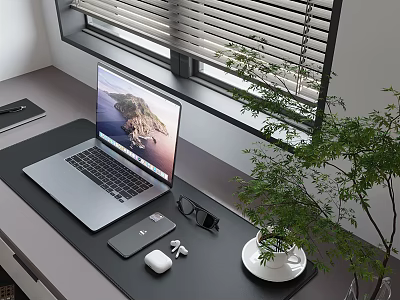 Stylish Decorative Ornament Combination on Office Desk with Laptop Phone Glasses Wireless Earbuds and Plant 3d model