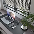Stylish Decorative Ornament Combination on Office Desk with Laptop Phone Glasses Wireless Earbuds and Plant