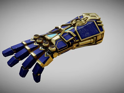 Blue And Gold Mechanical Glove With Intricate Geometric Patterns And Metallic Components 3d model