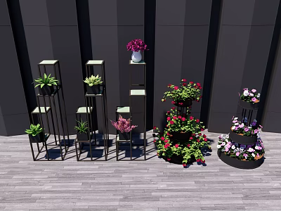 Bonsai Potted Plants On Decorative Shelves With Colorful Flowers And Greenery 3d model
