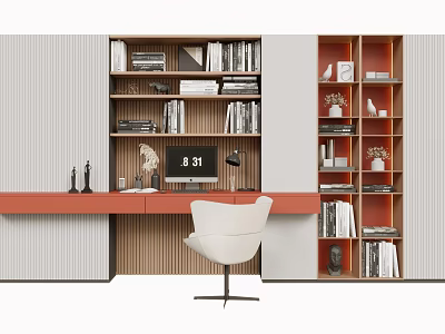 Modern Wooden Bookcase With Open Shelves Desk White Chair And Decorative Items 3d model