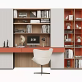 Modern Wooden Bookcase With Open Shelves Desk White Chair And Decorative Items
