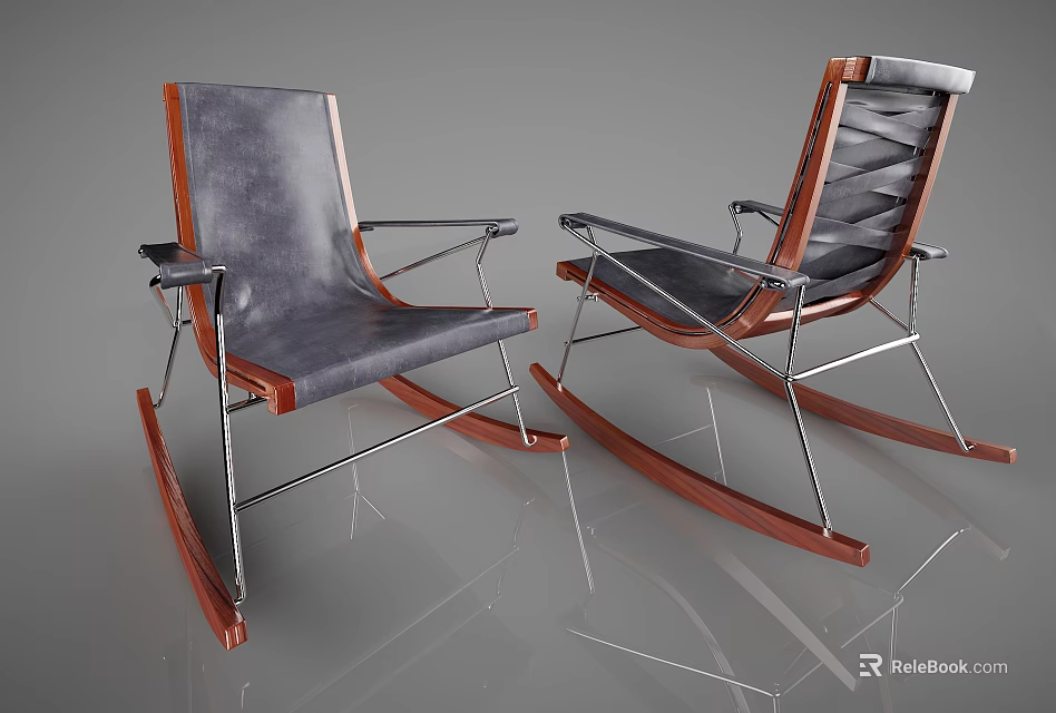 Modern Leisure Rocking Chairs With Gray Cushioned Seats Wooden Frame And Metal Legs 3d model 