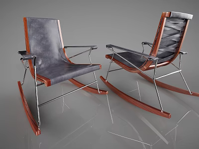 Modern Leisure Rocking Chairs With Gray Cushioned Seats Wooden Frame And Metal Legs 3d model