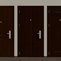 Three Dark Brown Security Doors With Various Carved Details Panel Patterns And Door Handles 3d model
