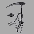 Black Handle Scythe Weapon With Curved Silver Blade Attached Chain And Spiked Weight