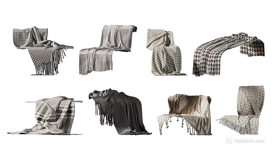 Various Stylish Blankets With Checkered Striped Patterns And Tassels For Home Decor 3d model 