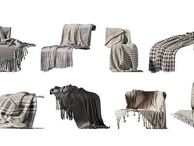 Various Stylish Blankets With Checkered Striped Patterns And Tassels For Home Decor 3d model