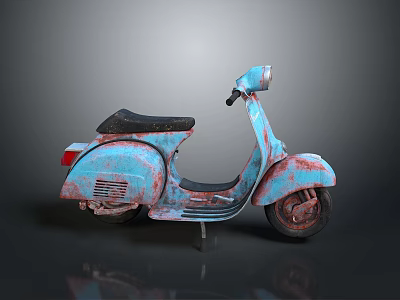 Vintage Light Blue Scooter with Rusty Body and Black Seat on Gray Background 3d model