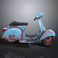 Vintage Light Blue Scooter with Rusty Body and Black Seat on Gray Background