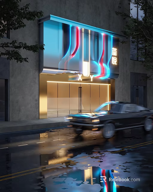 Modern Hotel Building Exterior Design With Stylish Neon Light Decor And Glass Entrance 3d model 