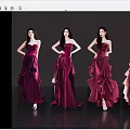 Women Standing In Elegant Strapless Maroon Gradient Evening Dresses With Ruffled Designs