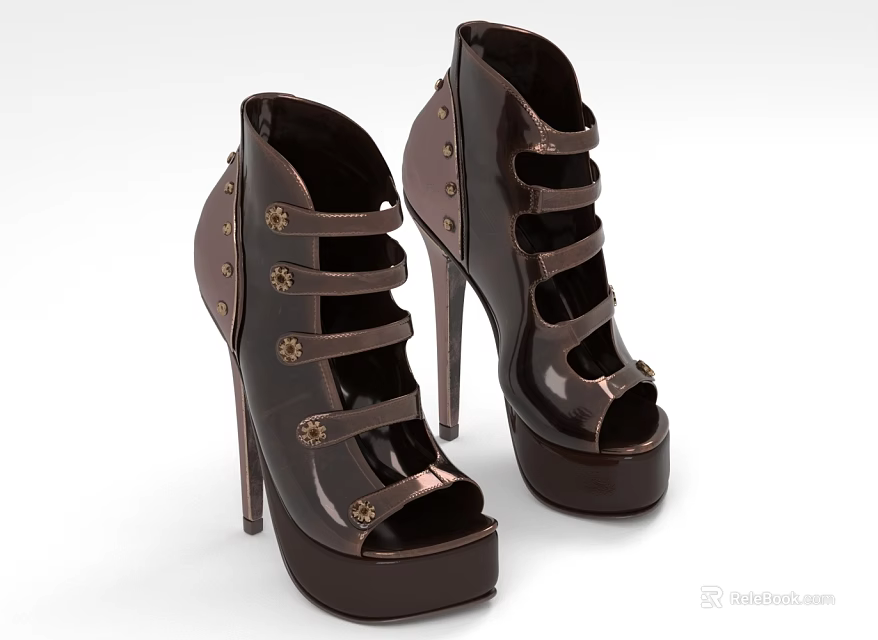 Chocolate Brown Patent Leather High Heel Shoes With Strappy Design And Metallic Studs Platform Sole 3d model 