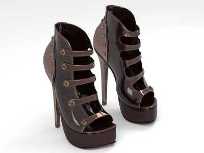 Chocolate Brown Patent Leather High Heel Shoes With Strappy Design And Metallic Studs Platform Sole 3d model
