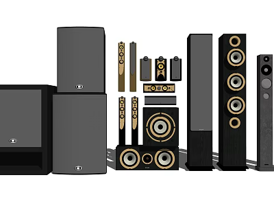 Modern Home Theater Headphones And Speakers System With Surround Subwoofer Remote And Gold Accents 3d model