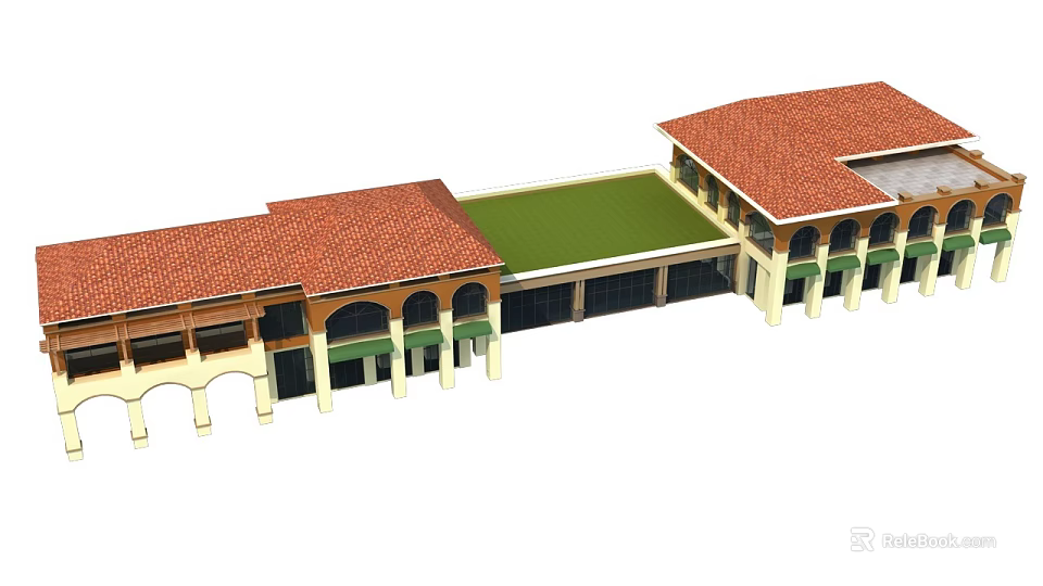 Modern Commercial Complex With Red Roof Tiles Arched Design Green Columns And Central Green Area 3d model 