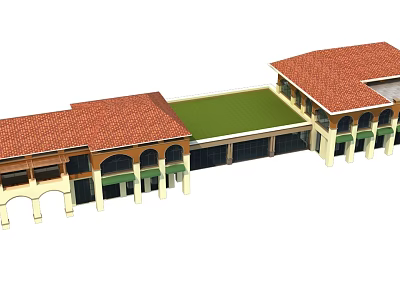 Modern Commercial Complex With Red Roof Tiles Arched Design Green Columns And Central Green Area 3d model