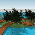 Outdoor Leisure Space With Wooden Walkways Green Trees Round Bamboo Pavilions Stone Paths And Fences