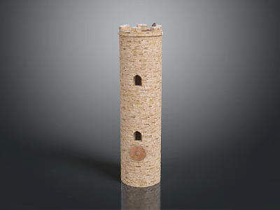 Light Brown Stone Tower With Cylindrical Structure Small Windows And Circular Emblem Design 3d model