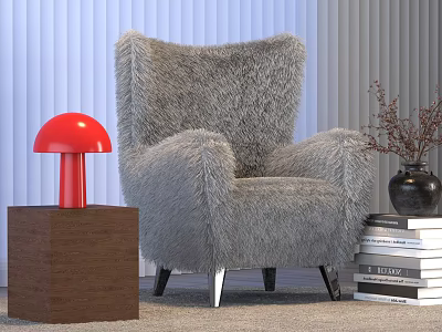 Red Table Lamp on Brown Cube Base Beside Gray Furry Armchair and Stack of Books 3d model