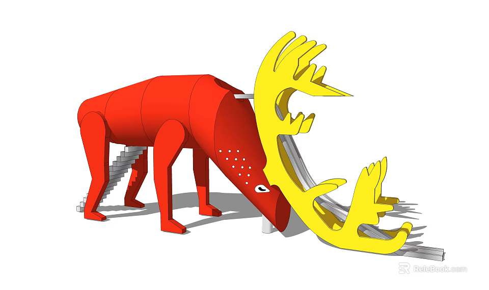 Red Animal Shaped Play Equipment with Yellow Antler Slide and Stairs for Kids Outdoor Playground 3d model 