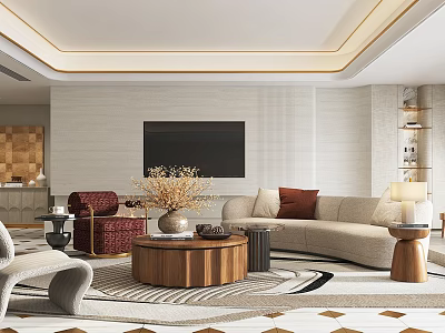 Elegant Modern Living Room Interior With Beige Sofa Coffee Table TV And Patterned Rug 3d model