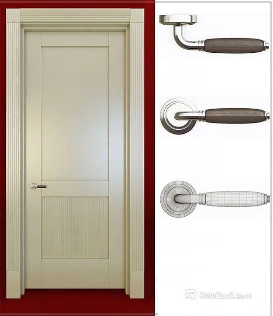 Cream Hinged Door With Grooved Panel Frame And Modern Wooden Transparent Door Handles 3d model 