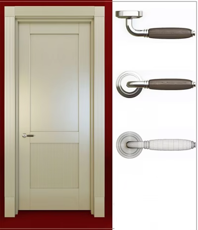 Cream Hinged Door With Grooved Panel Frame And Modern Wooden Transparent Door Handles 3d model