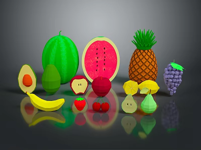Assorted Fresh Fruits Display with Watermelon Pineapple Avocado Apple Banana Cherry and Grapes 3d model