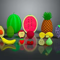 Assorted Fresh Fruits Display with Watermelon Pineapple Avocado Apple Banana Cherry and Grapes