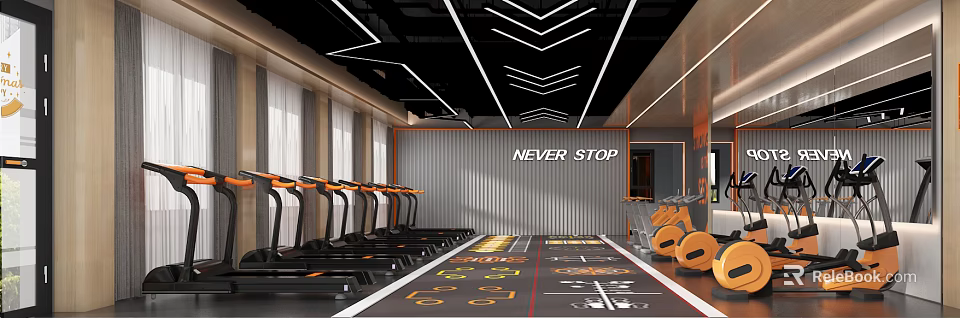 Fitness Gym Interior With Treadmills Exercise Mats Area Never Stop Wall And Modern Lighting Design 3d model 
